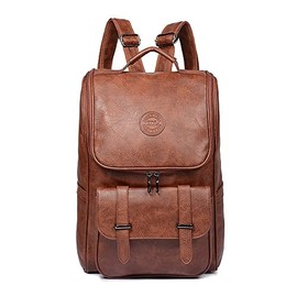 Vegan Leather Backpack Slim Vintage Laptop Backpack for Men Women,Travel Brown Water Resistant Brown College School Bookbag Weekend Daypack Bag，Brown
