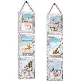 QUTREY Collage Picture Frames 4x6, 6 Openings Hanging Photo Frame Set for Vertical 4 by 6 inch Pictures for Wall, Distressed White, 2 Pack