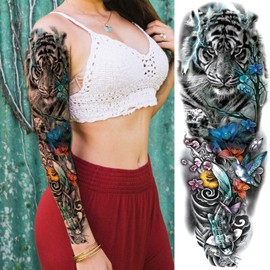 Briyhose Animal Floral Temporary Sleeve Tattoos For Women Leg, Large Full Arm Flower Wolf Tiger Fake Tattoo Sleeve Adult Girl, Realistic Phoenix Clock Temp Tatoo Sticker Thigh Body Art Makeup, 4-Sheet