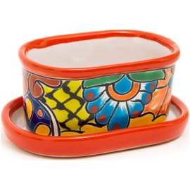 ENCHANTED TALAVERA Ceramic Succulent Pot Mini Flower Planter Cactus Bonsai Pot W/ Drainage & Drip Dish Home Garden Office Desk Décor Gift Set (Red)