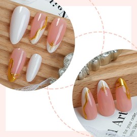 French Tip Press on Nails Almond Fake Nails with 3D Gold Line Sun Design White Acrylic False Nails Press ons Medium Glossy Full Cover Stick on Nails for Women Manicure 24Pcs