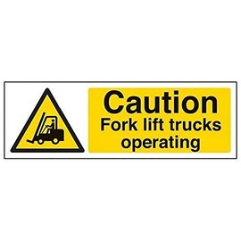 V Safety 64011AX-R2 Caution Fork Lift Trucks Operating Sign - Landscape - 300mm x 100mm - 2mm Rigid Plastic