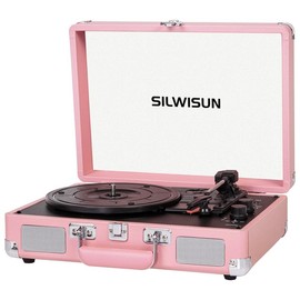3 Speeds Record Player Vintage Portable Suitcase, Bluetooth Vinyl Phonograph with Built-in Battery, 3.5MM Headphone Jack Belt-Driven Audio Retro minirecord  player - Color: Pink Silver