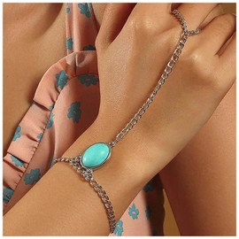 Inateannal Boho Turquoise Finger Ring Bracelet Silver Slave Bracelet Turquoise Finger Chain Bracelet Vintage Turquoise Hand Harness Chain Bracelet Jewelry for Women and Girls
