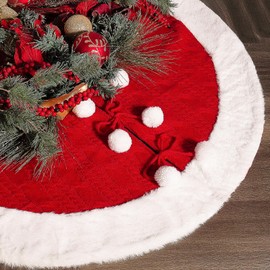 36 Inch Christmas Red and White Tree Skirt, Knit and Faux Fur Tree Skirt with Pom, Quilted Tree Rug for Pencil Tree, Boho Rustic Farmhouse Christmas Tree Decorations Xmas Ornament
