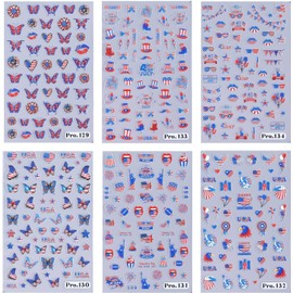 6PCS 4th of July Nail Art Stickers American Flag Patriotic 5D Embossed Nail Decals Independence Day Nail Supplies USA Butterfly Statue of Liberty Star Eagle Design Self-Adhesive Nail Sticker for Women