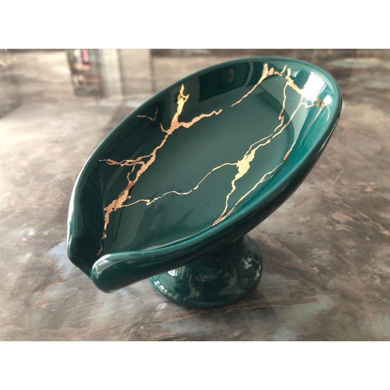 Alagoal Ceramic Soap Dish Elegant Marble Grain, Leaf Design, Self-Draining,Quick-Drying