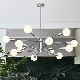33" Modern Chandelier Ceiling Light Fixture, 12-Light Sputnik Chandeliers Brushed Nickle Mid Century Chandelier Over Table, Height Adjustable Chandeliers for Dining Room Living Room Kitchen Island