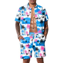 LecGee Mens Summer Two Piece Sets Coconut Tree Button Down Casual Shirt Shorts Hawaiian Outfit Tracksuit Beach Set(P,M)