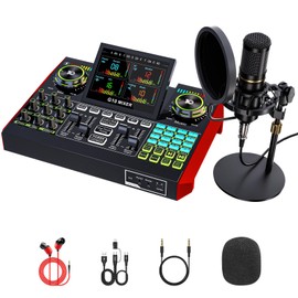 Podcast Microphone Bundle with Live Sound Card Audio Mixer, Podcast Equipment Bundle with 3.5mm Condenser Microphone for Pc/Phone Live Streaming Singing Gaming, Sound Board with Voice Changer, Denoise