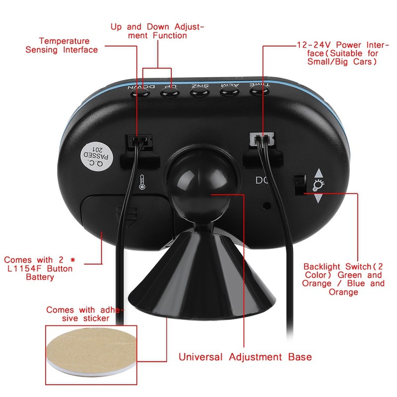 Luminous Clock Car Thermometer Temperature Display Voltage Monitor 12/24H Black