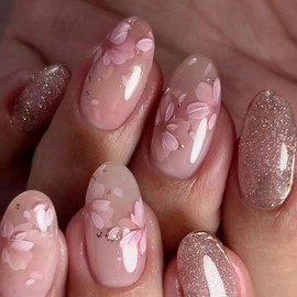 Spring Press on Nails Short Oval Fake Nails with Pink Flower Designs Nude Nails Press ons Glossy Glue on Nails Glitter False Nails Cute Acrylic Nails Artificial Stick on Nails for Women 24Pcs