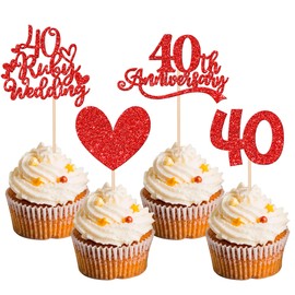 24 piezas de adornos para cupcakes del 40 aniversario, corazón rojo con purpurina 40 rubíes para bodas y aniversarios de 40 años, decoraciones de pasteles para felices 40 años, suministros para fiestas de aniversario de boda