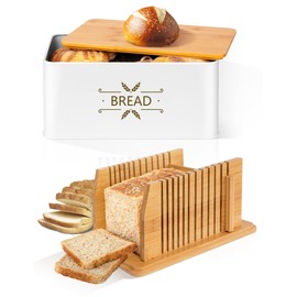 Candco 3 in 1 Bread Box with Bamboo Bread Slicer, Metal Bread Box Bread Slicer for Homemade Bread, Bread Storage Container Set Foldable Cutting Guide for Kitchen Countertop