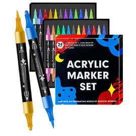 TOMSING 24 Color Set, Double Nib, Acrylic Marker Pen, Acrylic Paints, Water-based, Paper Smud-free, Overlayable, Paint Markers, Colors, Water Resistant, For Plyboard, Cloth, Bag, Ceramic, Stone