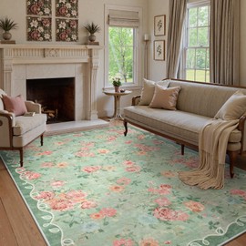Lahome Floral Washable Rugs 5x7,Sage Green Boho Rugs for Living Room,Vintage Area Rug for Bedroom Low Pile Soft Non Slip Carpet Non-Shedding for Dining Room Rug Kids Playroom(5'X7',Green)
