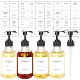 Coffee Syrup Plastic Dispenser Bottle and 36 labels Syrup Dispenser Set - 4-Pack Clear PET Plastic Bottles with 5-Pack Pump, Ideal for Coffee Bar, Restaurants and Home Use