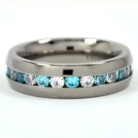 The Jewelry Source 6mm Eternity Ring Titanium Wedding Band w/Blue Topaz, Rings for Women
