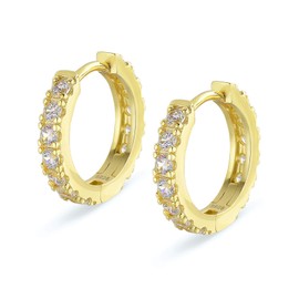 KRKC&CO 15mm Hoop Earrings S925 Sterling Silver Hypoallergenic 5A Zirconia Iced Out/High Polished 14K Gold Plated Hip Hop Street-wear Earring for Men and Women(Iced Out-14K Gold Plated)