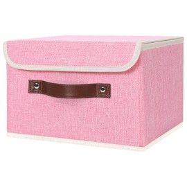 ANMINY Storage Bin with Lid Storage Boxes with PU Leather Handles PP Plastic Board Decorative Foldable Lidded Cotton Linen Fabric Home Cubes Baskets Closet Organizer Container - Pink, Small Size