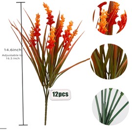 Toprooms 12 Bundles Artificial Plants Outdoor, Fake Monkey Grass with Flowers for Pot UV Resistant Greenery Stems Flowers Shrubs Home Garden Porch Patio Hanging Planter Office Decor (Orange)