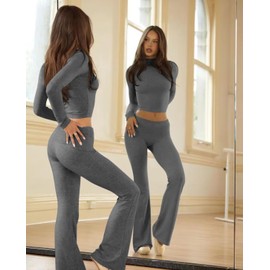 ZFLM Casual Workout Two Piece Outfits Long Sleeve High Waist Fold-Over Flared Leggings Pants Tracksuit Sets Streetwear