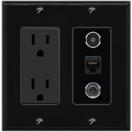 Wall Plate City [3 Ports] 3-5MM CAT6 TOSLINK Black Wall Plate with 15A Power Outlet