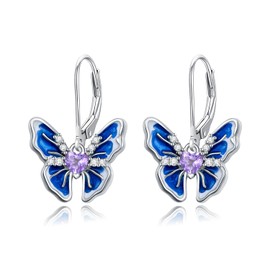 LONAGO Butterfly Earrings for Women 925 Sterling Silver Blue Butterfly with Heart Birthstone Drop Earrings, Sterling Silver, Cubic Zirconia