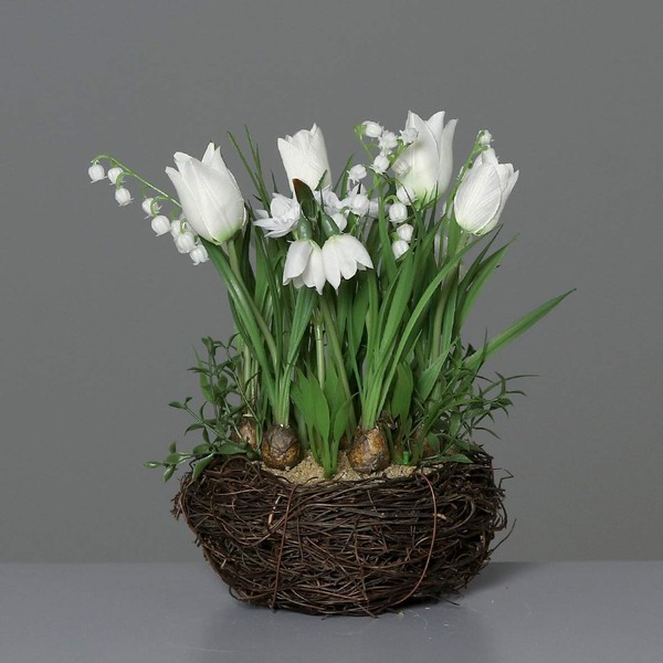 mucplants Beautiful Artificial Spring Flower Assortment in Rattan Nest 26 cm Cream with Artificial Tulips Lily of the Valley Snowdrop Table Decoration Table Arrangement