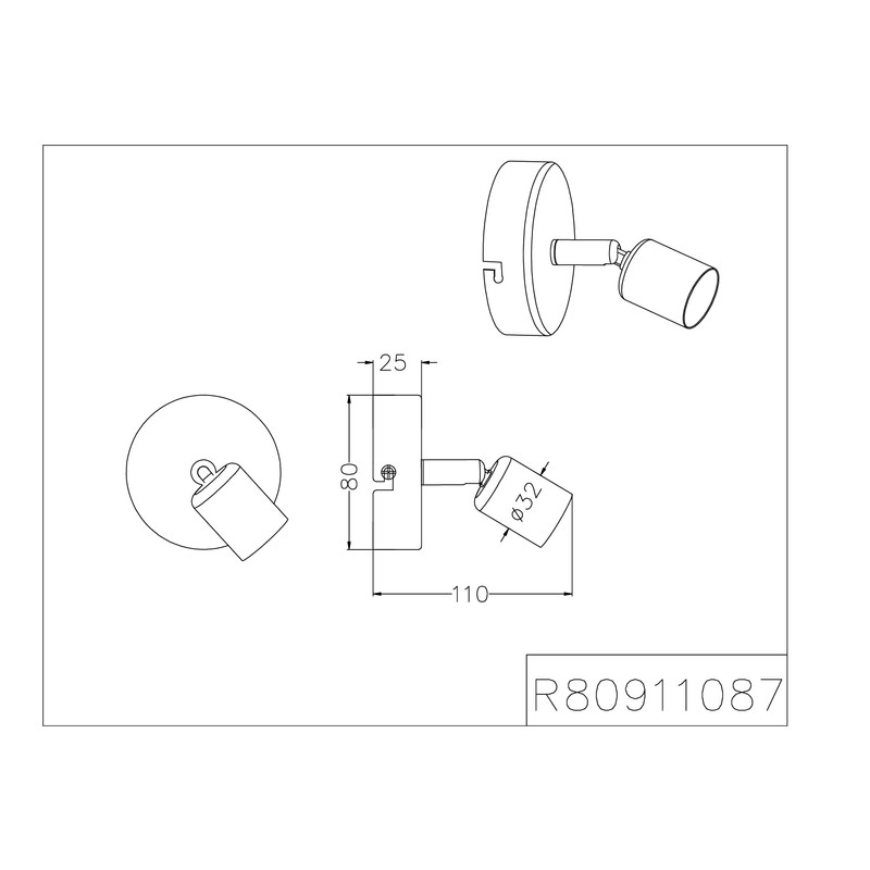 Reality Leuchten Paris R80911032 Wall Spotlight Metal Black Matt Exclusive