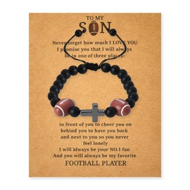 Son Christmas Gifts for Son Stepson To My Son Bracelet from Mom Dad Football Lover Birthday Gifts for Sons Bead Bracelets for Rugby Player Inspirational Gift for Men Adjustable Cross Bracelet for Son