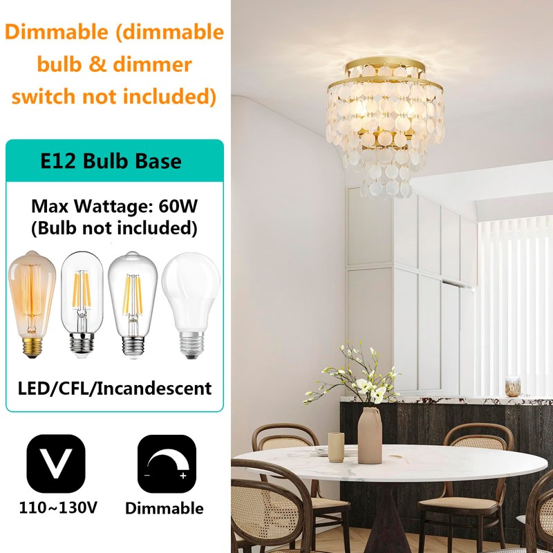 GlowEasely Modern Capiz Shell Chandelier Ceiling Light, Costal Design Close