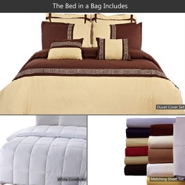 sheetsnthings 12 Piece Embroidered Microfiber Queen Size Bed in A Bag Includes: Gold and Chocolate Astrid Duvet Cover Set with 100% Cotton, 300TC Sheet Set and White Down Alternative Comforter