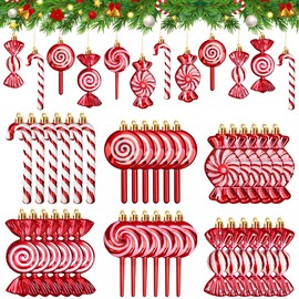 36 Pcs Christmas Candy Ornaments Hanging Glitter Candy Cane Christmas Tree Decoration Red Plastic Peppermint Lollipop Ornament with Golden Ropes for Xmas Home Party Decorations
