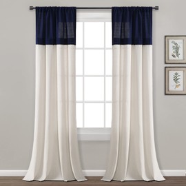 Lush Decor Farmhouse Faux Linen Colorblock Pleated Window Curtain Panel (Single Panel), 84" L x 40" W, Navy