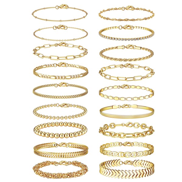 YADOCA 18Pcs Gold Stackable Bracelets For Women 14K Gold Plated