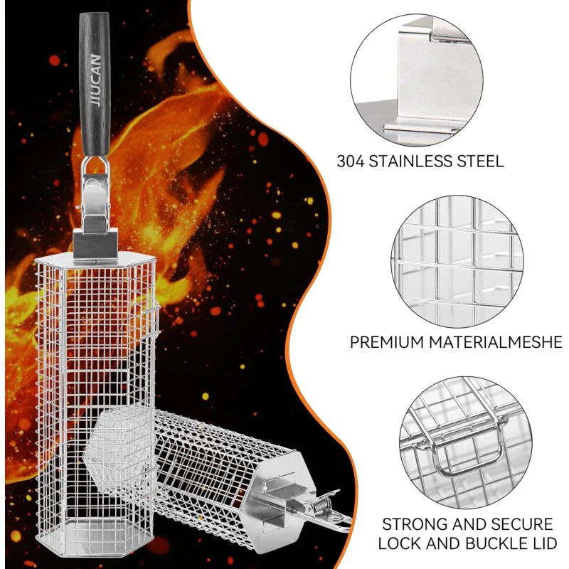 2-Piece Stainless Steel Grill Baskets Set with Removable Wooden Handles