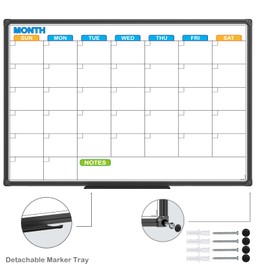 JILoffice Dry Erase Calendar Whiteboard - Magnetic White Board Calendar Monthly 24 X 18 Inch, Black Aluminium Frame Wall Mounted Board for Office Home and School