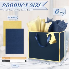 ReliThick 6 Pack Metallic Paper Gift Bag with Handles Tissue Paper Gold Tag Pen Thank You Favor Bag for Wedding Party Bridesmaid Graduation Groomsmen 5 Senses Birthday Gift 12x10x4 Inch(Blue Gold)