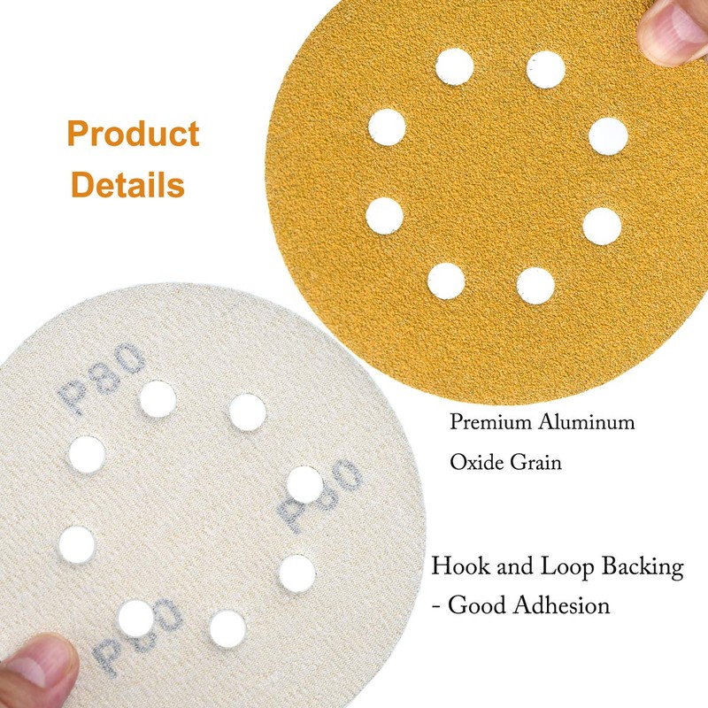 Aiyard 5-Inch 8-Hole Hook and Loop Sanding Discs 80-Grit Random