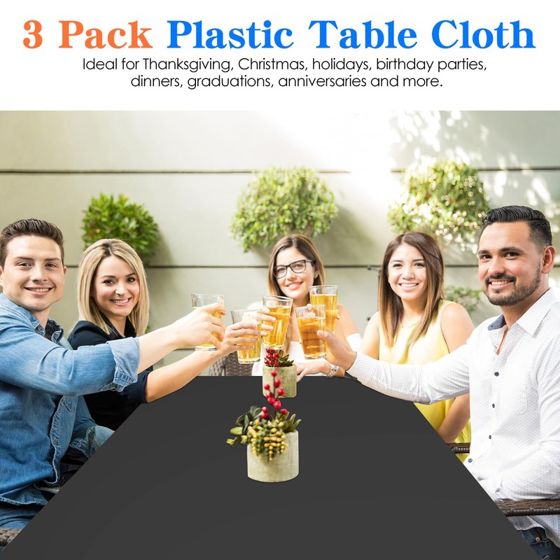 YSYJ 3 Pack Black Plastic Tablecloth Disposable Rectangular Table Cloth