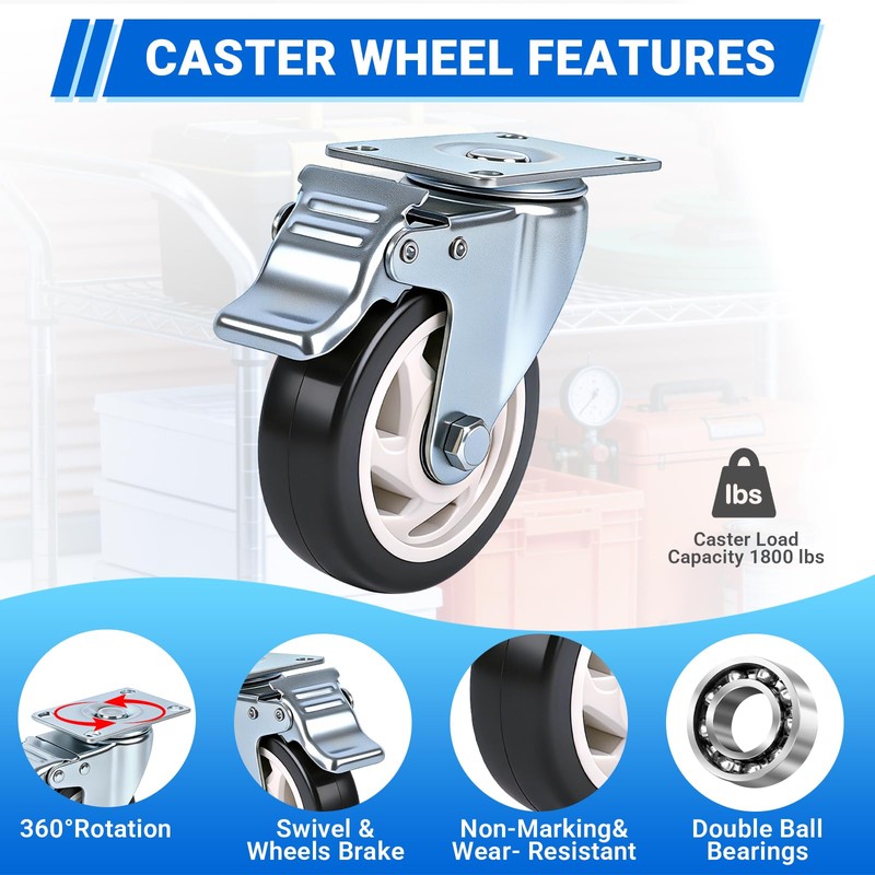4 Inch Industrial Plate Casters, 2 Rigid & 2 Locking