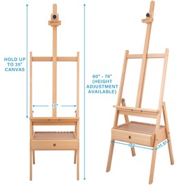 Somime Large Wooden H-Frame Studio Easel, Solid Beechwood Easel Stand with Storage Drawer, Height Adjustable to 34Inches High, Suitable for Painting, Sketching and Displaying, Natural