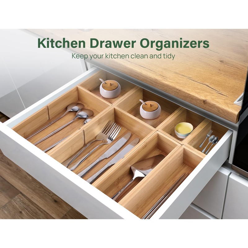 Kootek 6 Pcs Bamboo Drawer Organizer, Kitchen Utensils Storage Boxes