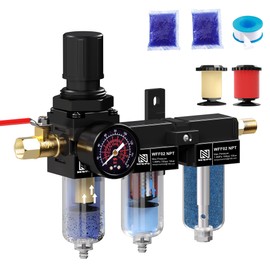 NEWPO 1/4" NPT Three Stage Air Drying System,air Pressure Regulator with 5＆0.01 Micron Filter Cartridge，Desiccant Dryer & Air Compressor Dryer, Metal Bowl Semi-Auto Drain