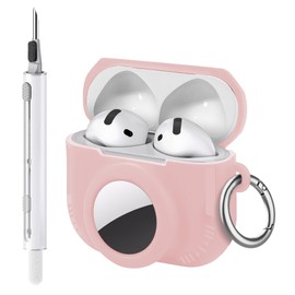 Seltureone Compatible with AirPods 4 and AirTag 2 in 1 Case, Soft Silicone Protective Case Cover Compatible with AirPods 4th Generation with Cleaning Kit & Carabiner - Pink