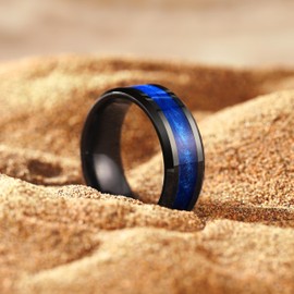 King Will 8mm Black Tungsten Anniversary Band for Men, Blue Sand Inlay, Beveled Edge, Comfort Fit V 1/2 (11)