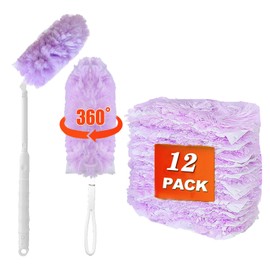 12 PCS Purple Duster Refills, Extendable Microfiber Duster with 1 Extendable Handle + 1 Short Handle Fluffy Dusters Flash Dusters Magnet Refill for Cleaning Furniture Office Blinds