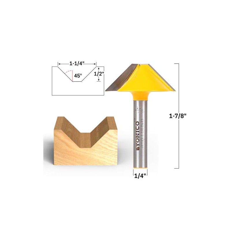 Yonico V Groove Flat Bottom Router Bit 45 Degree 1/4-Inch