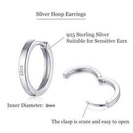 wynn's Silver Hoop Earrings for Women, 925 Sterling Silver Hoop Earrings Set, Unisex Small Sleeper Hoop Earrings, Silver Hooped Huggie Cartilage Earrings for Women Men Girls (8mm)